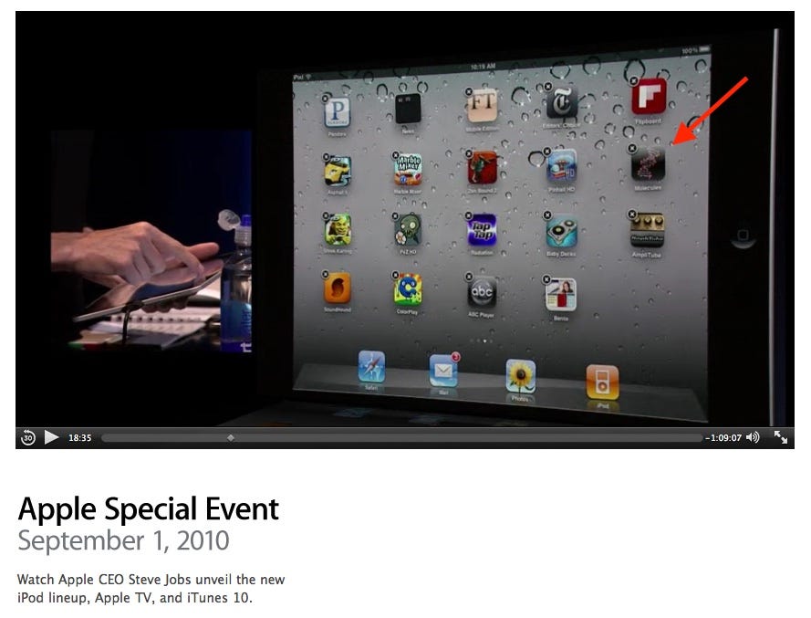 A capture from Steve Jobs running an onstage demo with Molecules on his iPad.