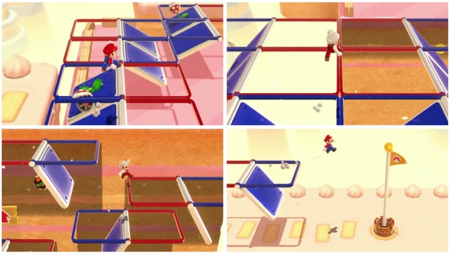 Four video game screenshots of Mario jumping through increasingly difficult platforming challenges