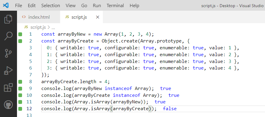 Code, comparing creating an instance with the new keyword and Object.create() method