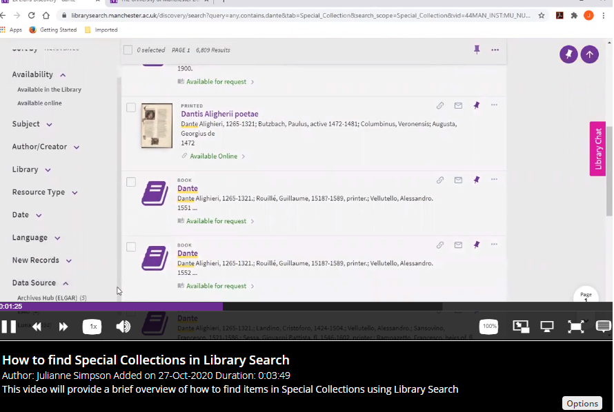 Screenshot of video on how to find Special Collections in Library Seach, showing a sample search for the works of Dante.