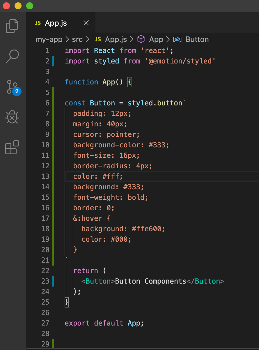 A basic code to create a button component in react code