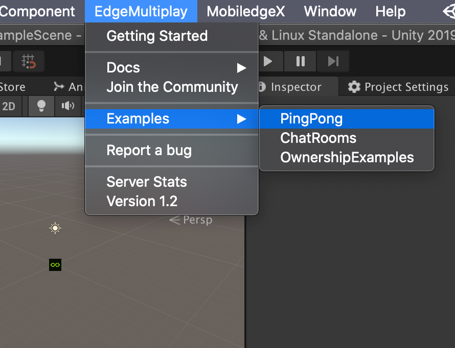 Importing EdgeMultiplay PingPong Example using EdgeMultiplay Menu in Unity Editor