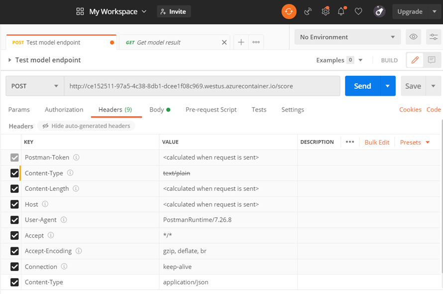 A screenshot of the Postman user interface. It shows the configuration for sending a POST request to the model endpoint.