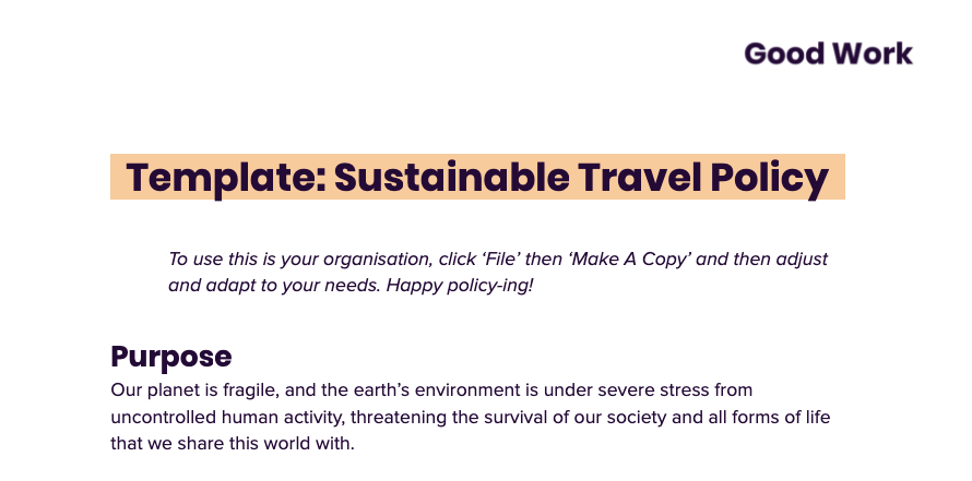 Screenshot of the sustainable travel policy we’ve created.