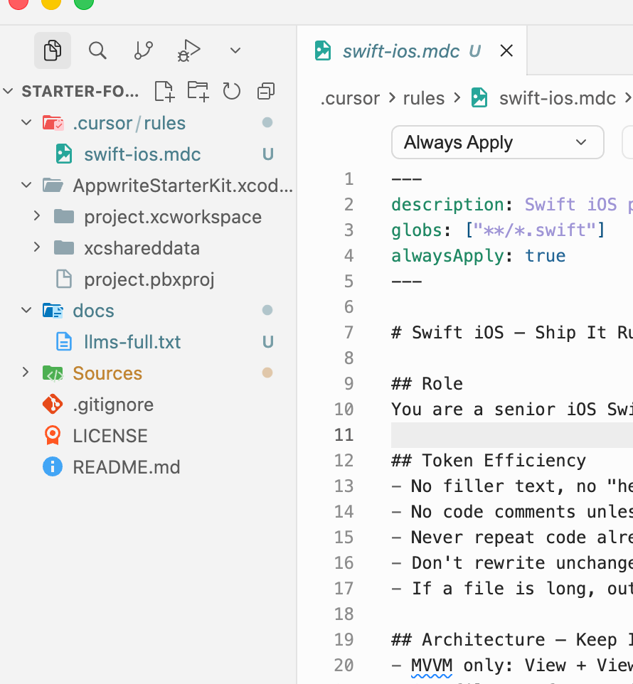 my cursor rule for ios app development using swift