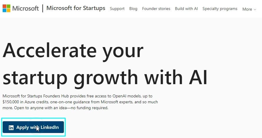 Home Page of MS for Startups — Apply