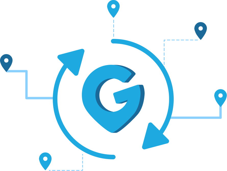 An illustration of a feedback loop with the GeoSure logo centered surrounded by rotational arrows and location pin icons