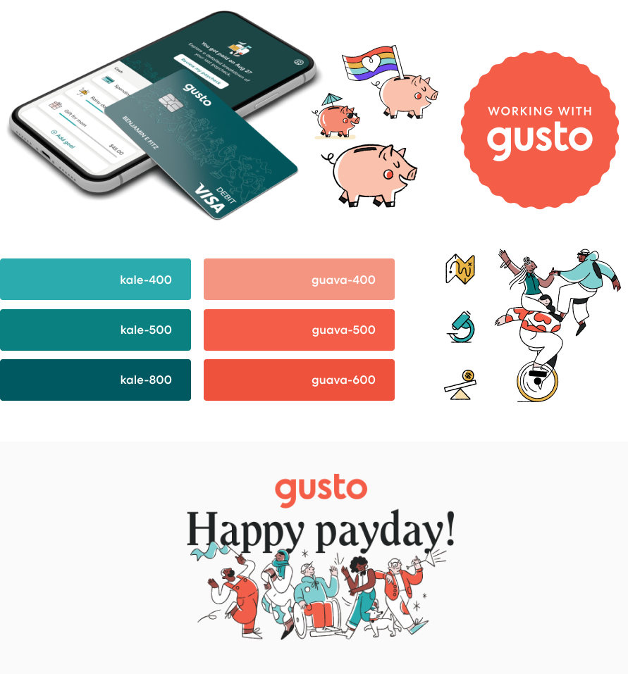 Assets from Gusto’s 2019 brand refresh