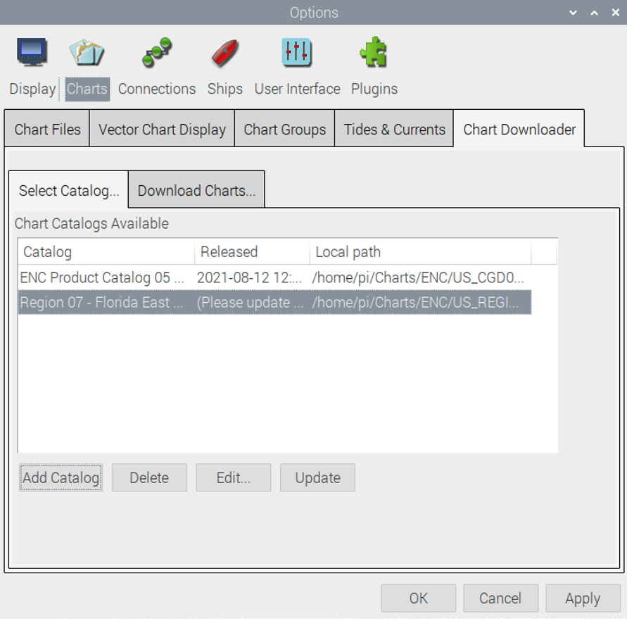 Image shows panel where you can click update to download the charts to your directory