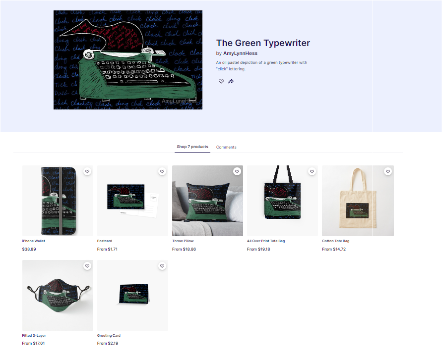 Copy of a priewview page for a Redbubble product called The Green Typewriter