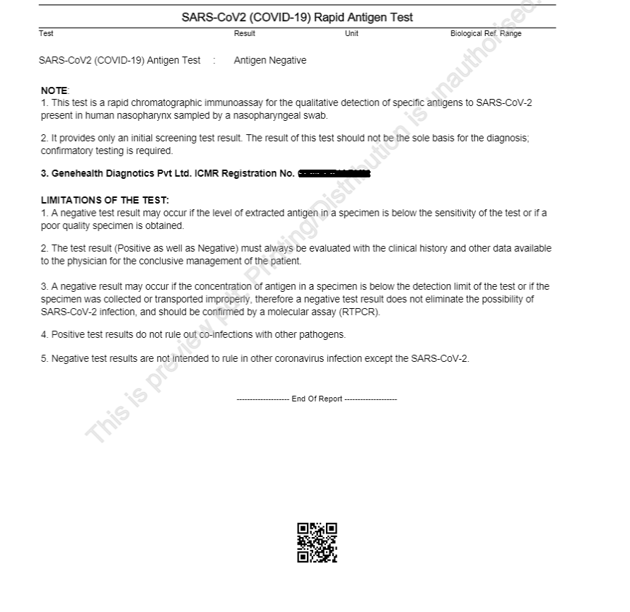 Picture contains a sample report where in upper part there is Antigen Test Report details present while at the bottom center, there is a QR code.