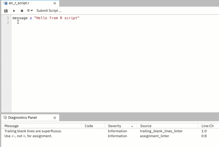 R script in editor shown with Language Server Protocol enabled
