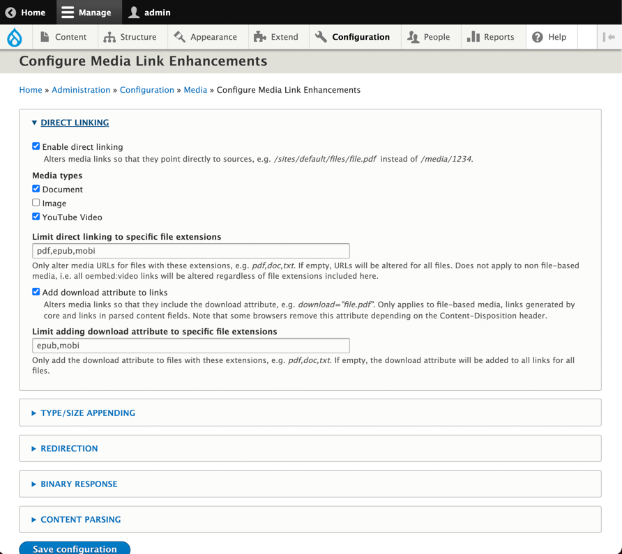 Screenshot of the Configure Media Links Enhancement page