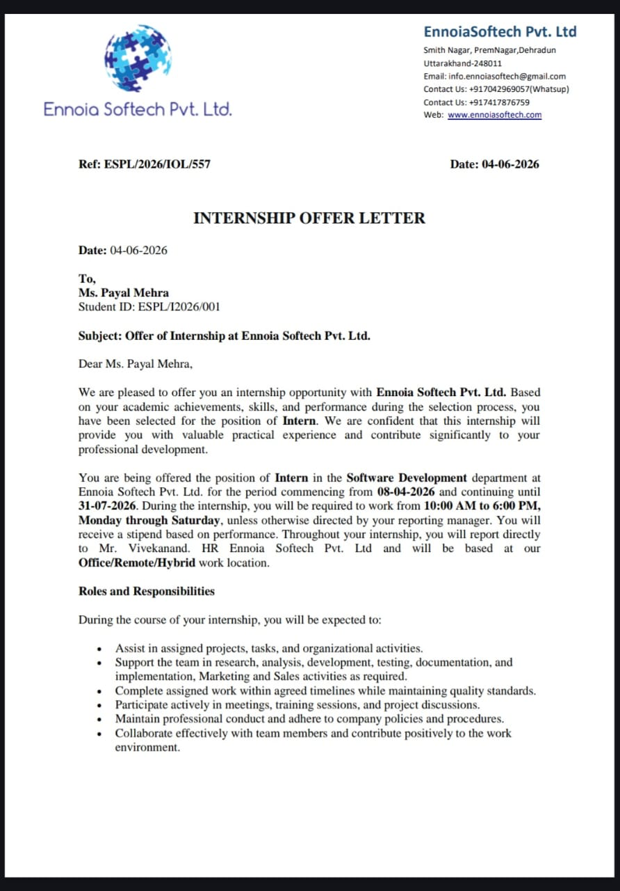 A New Chapter Begins: Officially Starting My Software Development Internship at Ennoia Softech Pvt.