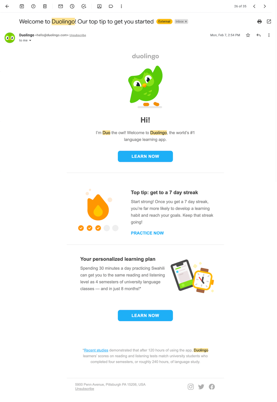 I neglected Duolingo for 20 days after signing up. Here’s every email