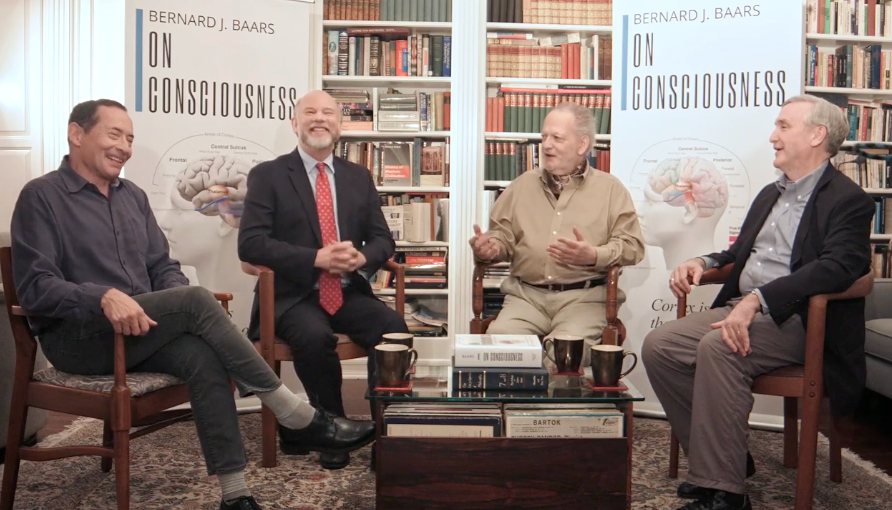 Three neuroscientists and a magician sitting in a library discussing consciousness and magic.