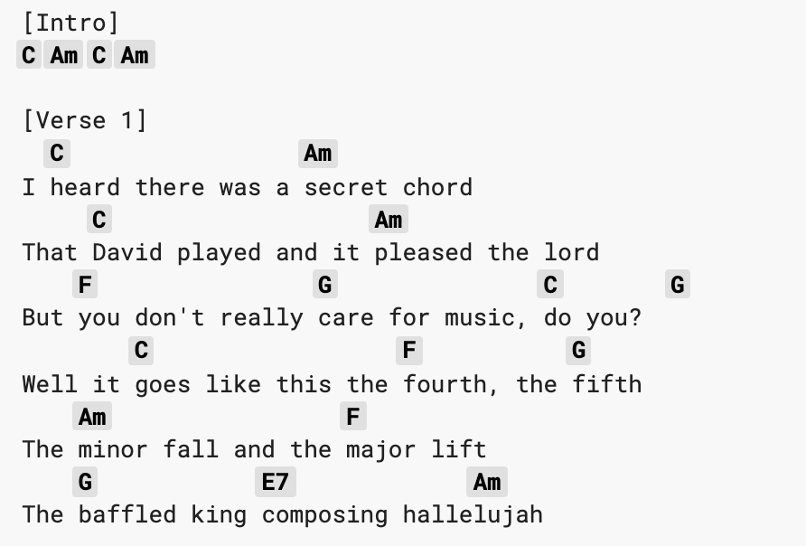 Chords for Hallelujah from https://tabs.ultimate-guitar.com/tab/jeff-buckley/hallelujah-chords-198052