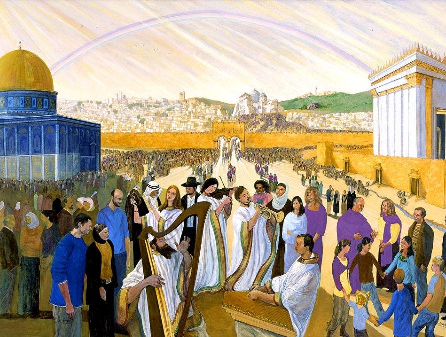 A painting of a large crowd of people in traditional Jewish, Muslim, and Christian garb, some holding instruments, some in detail in the foreground and others stretching far back into the distance, where a mosque and temple are connected by a rainbow stretching over the scene in the sky.