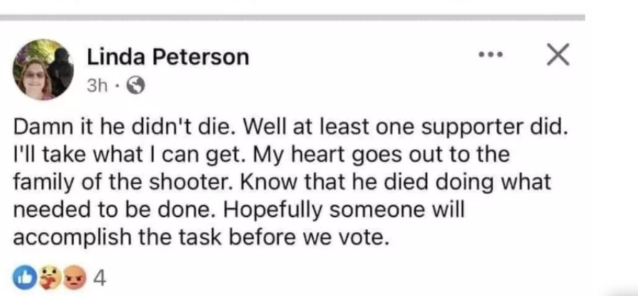 facebook post from Linda Peterson claiming she wish Trump died in assasination attempt