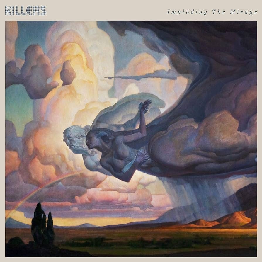 The Killers “Implodig the Mirage” album cover art; painting of two god-like beings in the clouds, one man one woman, beige border with band name in top left corner and album name in top right
