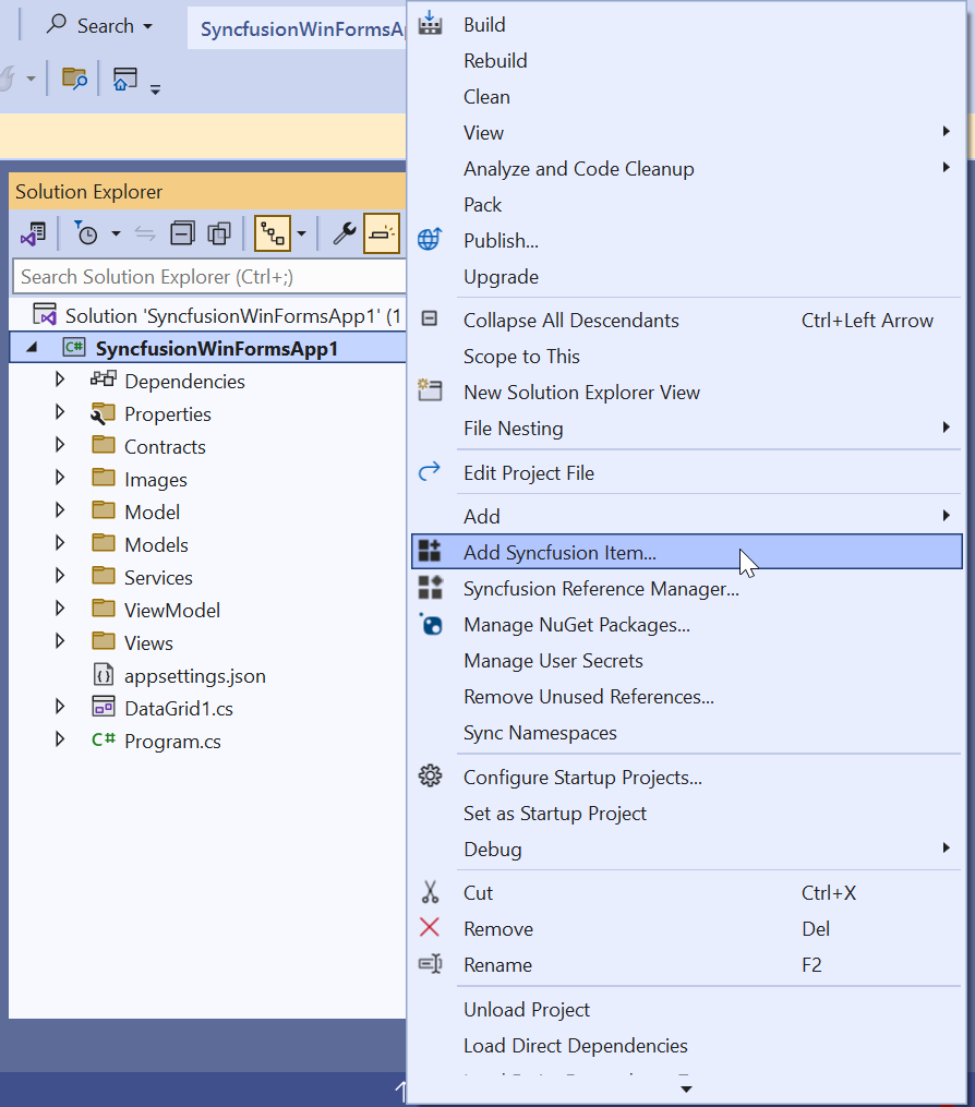 Right-clicking on WinForms app to add Syncfusion item