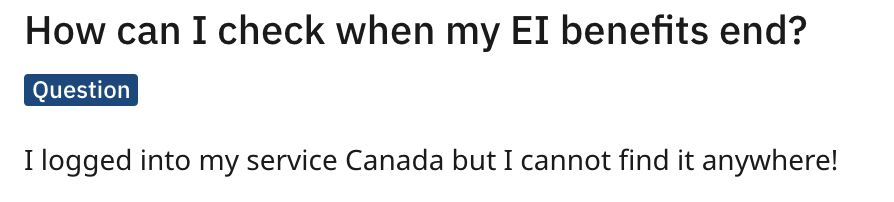 A screenshot of an anonymous Reddit post: When will my Service Canada benefits end?