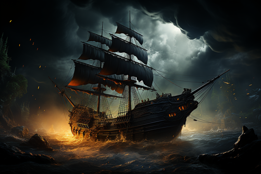Depict a high-contrast, dramatic scene of the Black Pearl under a stormy sky, illuminated by the eerie light of the full moon, shot on a Canon EOS R5. The silhouette of the ship, its flag and dark sails, cuts a striking figure against the turbulent sea. A ghostly aura surrounds the vessel, hinting at its cursed past. The scene is rendered in a monochrome palette, with only the moonlight providing stark illumination. The overall mood should be ominous yet awe-inspiring. — ar 3:2 — v 5.2- s 750