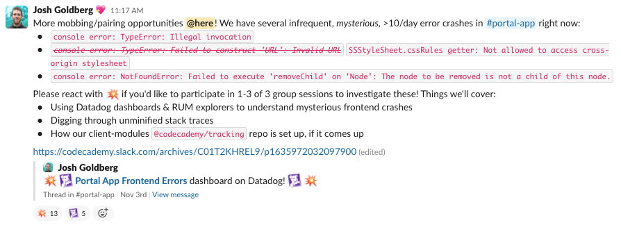 Slack post from Josh offering to mob pair on infrequent, mysterious crashes with a link to a Datadog dashboard.