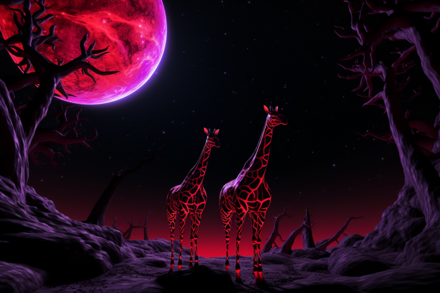 Giraffes, stargazing on Saturn’s moon Enceladus, photorealistic, neon purple and red hues, stark shadows, surreal, Canon EOS R5 — ar 3:2