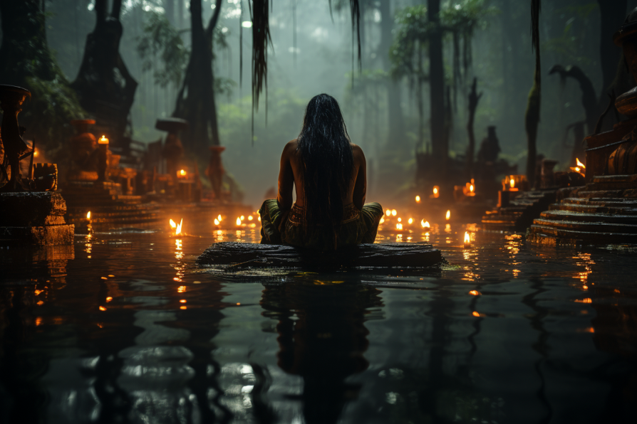 Using a Canon EOS R5, capture an enigmatic moment deep within the heart of the jungle. The shaman stands poised next to a serene water source, with reflections of towering ancient trees in the backdrop. The atmosphere is thick with mist, creating a surreal veil around the shaman. Ethereal blue and green hues dominate the scene, giving it a dreamy, otherworldly aura. The scene should resonate with a profound connection between nature and spiritual rituals. — ar 3:2 — v 5.2 — s 900