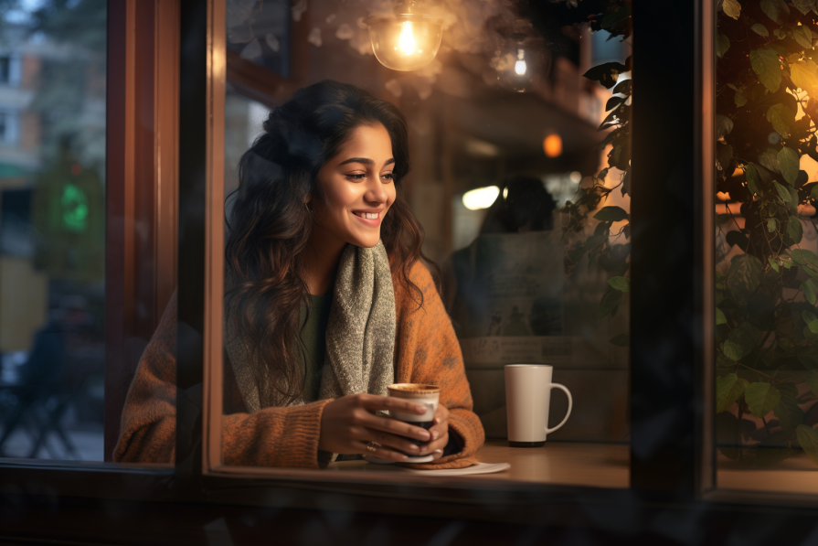 Cinematic shot of an Indian woman through a glass window, the woman is in casual clothes, smiling and sipping coffee (generated using Midjourney)