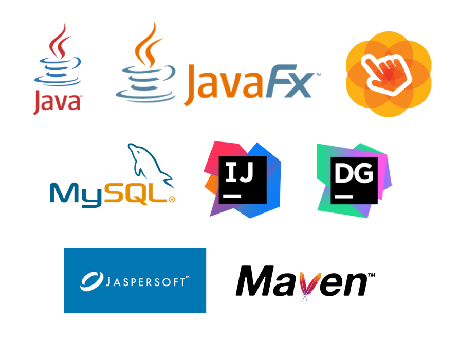 tech stack used for the project including java, javafx, scenebuilder, mysql, intellij idea, datagrip, maven, jaspersoft studio