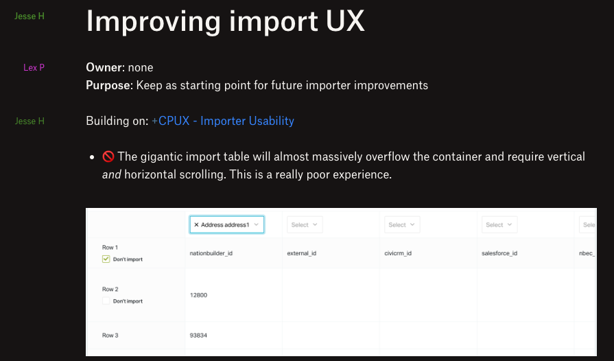 Screenshot of a Dropbox paper doc “Improving import UX”