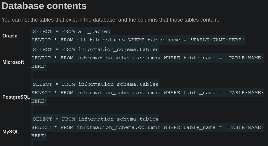 Database contents. You can list the tables that exist in the database, and the columns that those tables contain. Oracle SELECT * FROM all_tables SELECT * FROM all_tab_columns WHERE table_name = ‘TABLE-NAME-HERE’ Microsoft SELECT * FROM information_schema.tables SELECT * FROM information_schema.columns WHERE table_name = ‘TABLE-NAME-HERE’ PostgreSQL SELECT * FROM information_schema.tables SELECT * FROM information_schema.columns WHERE table_name = ‘TABLE-NAME-HERE’ MySQL SELECT * FROM inform