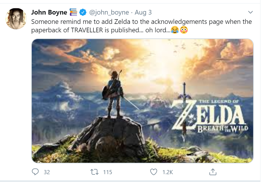 A follow up Tweet from Boyne stating he will add Zelda to the acknowledgements page of his paperback