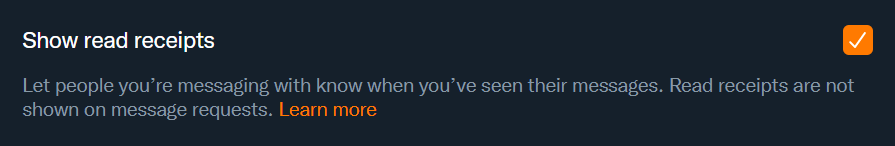 Screenshot from Twitter settings, where someone can choose whether or not they want to show read receipts