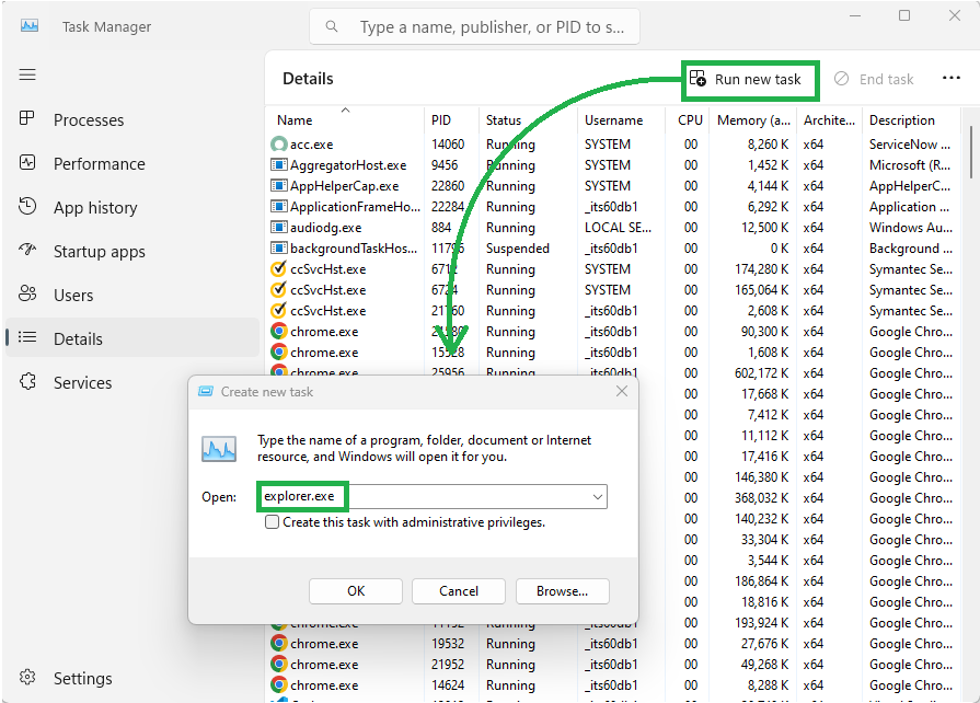 Screenshot of the Task Manager showing how to start the explorer.exe process.