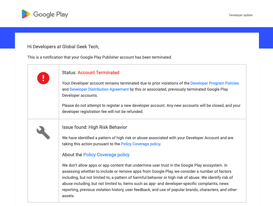 Google Terminated My Google Play Console Account Without Clear Reasons or Warning