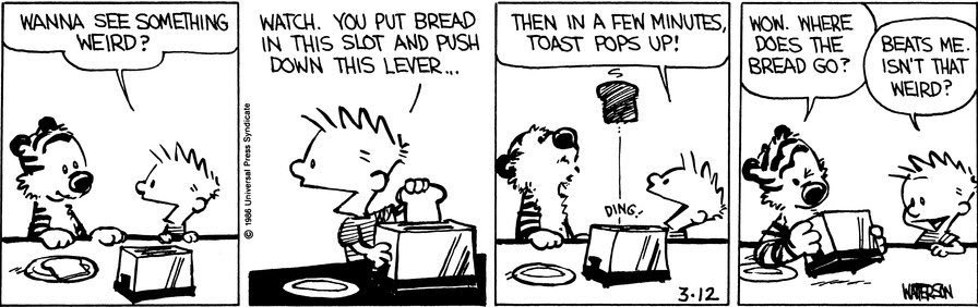 Calvin and Hobbes comic strip, about how toasters work. Hobbes think the bread disappears.