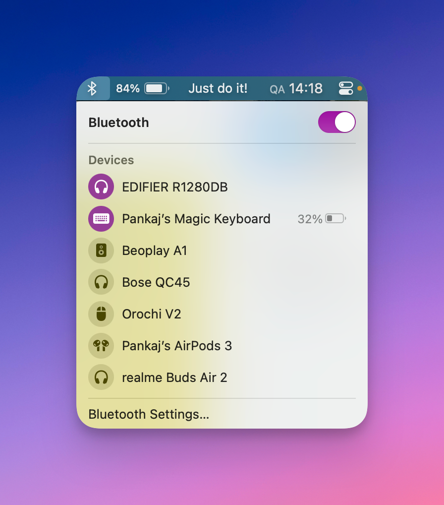 View of Magic Keyboard and battery status in bluetooth devices in Mac