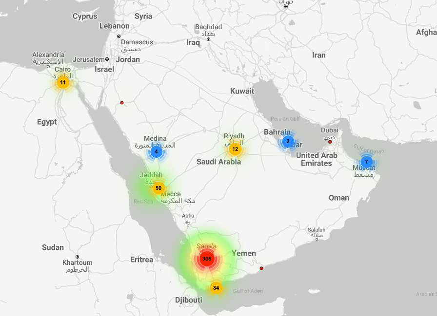 A heatmap displaying the significant impact of GuardZoo spyware on military personnel in Yemen, Saudi Arabia, Egypt, Oman, UAE, Qatar, and Turkey.