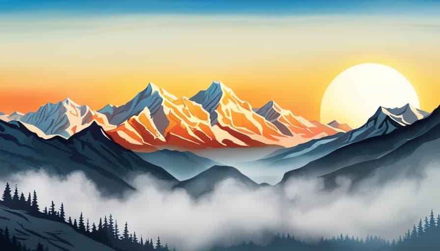 AI-generated stylized painting of a mountain range at sunset.