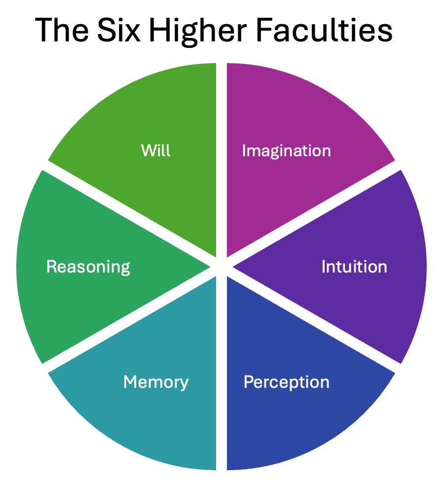 Graphic of the Six Higher Faculties: Imagination, Intuition, Perception, Memory, Reasoning, Will