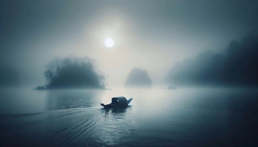 A lone boat drifts off into a foggy sea.