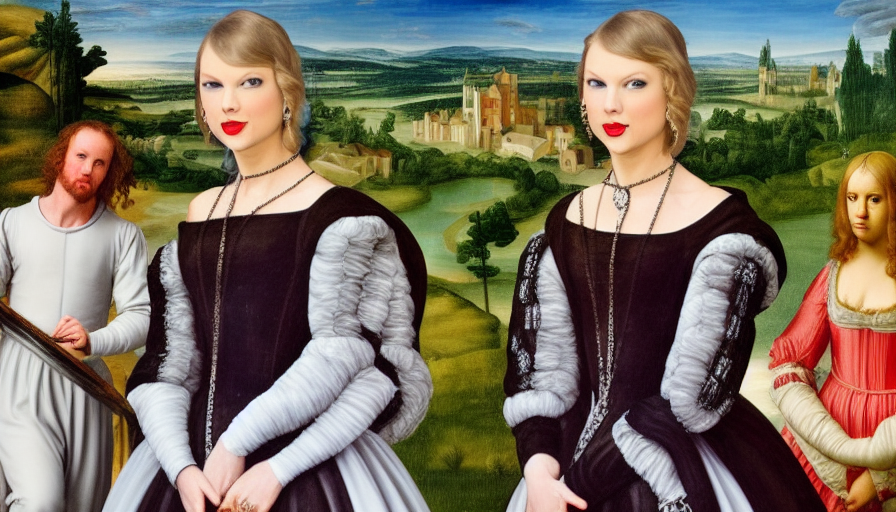 Two Taylor Swifts with extra limbs in a messy Renaissance painting