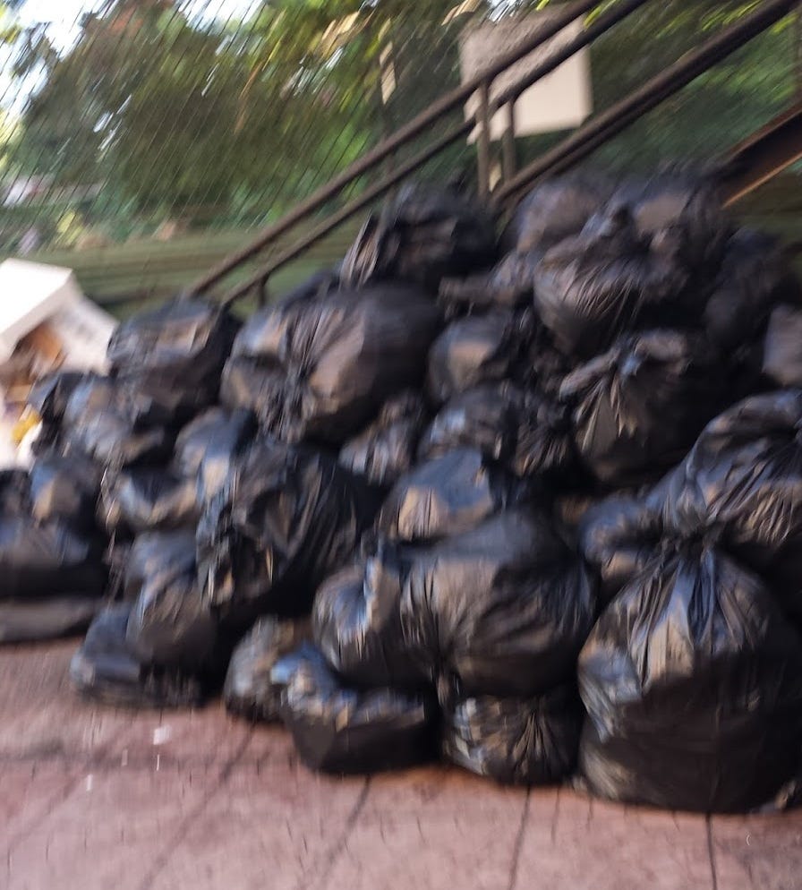 Blurry picture of a pile of trash bags on the street