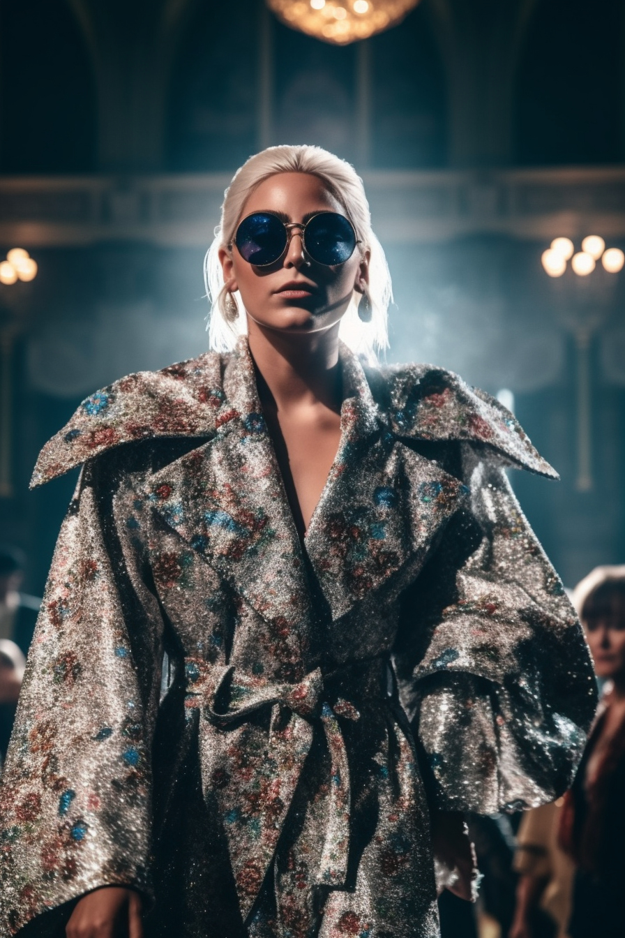 AI-generated image of Lady Gaga in a theater with a bright light and sequined silver trench coat, created using Midjourney