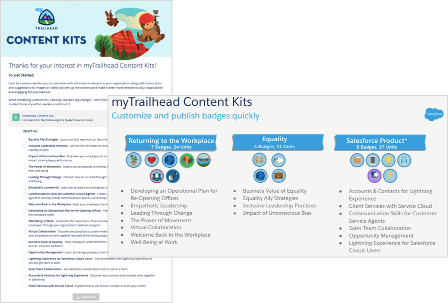 Examples of assets from the myTrailhead content kits.