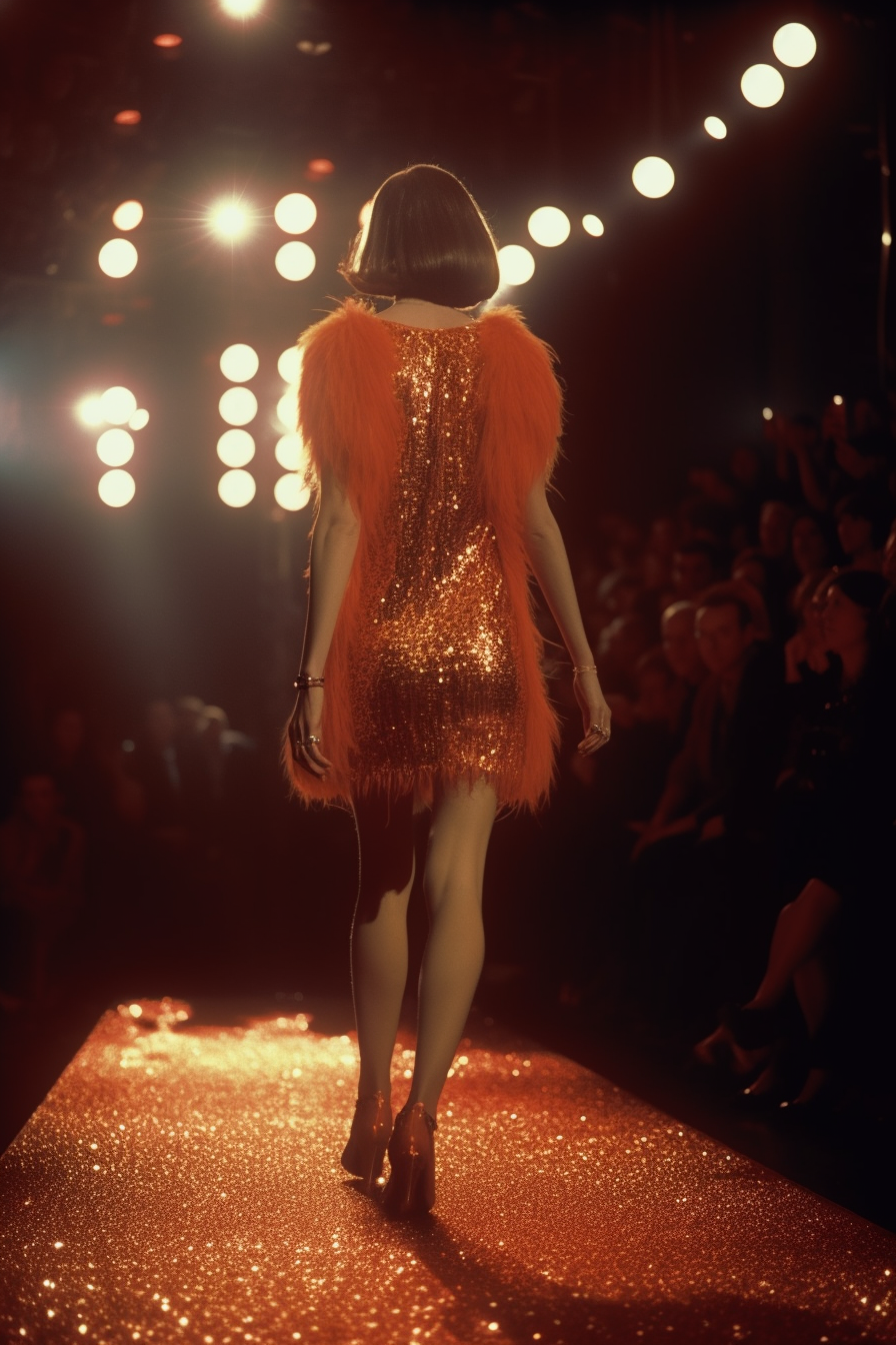 AI-generated image of a woman in an orange sequin dress on a stage, captured from behind with Midjourney