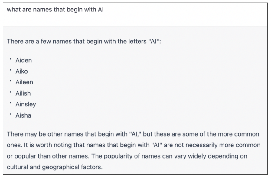 A conversation with AI. Question: What are names that begin with AI? Answers include Aiden, Aiko, Aileen, Ailish, and others.